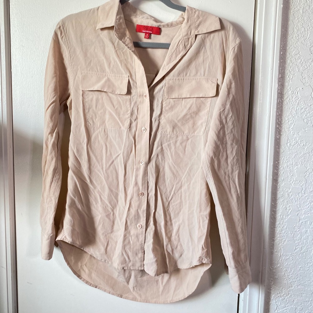 RED Saks Fifth Avenue Women 100% Silk Button Down Shirt Blush Beige Small